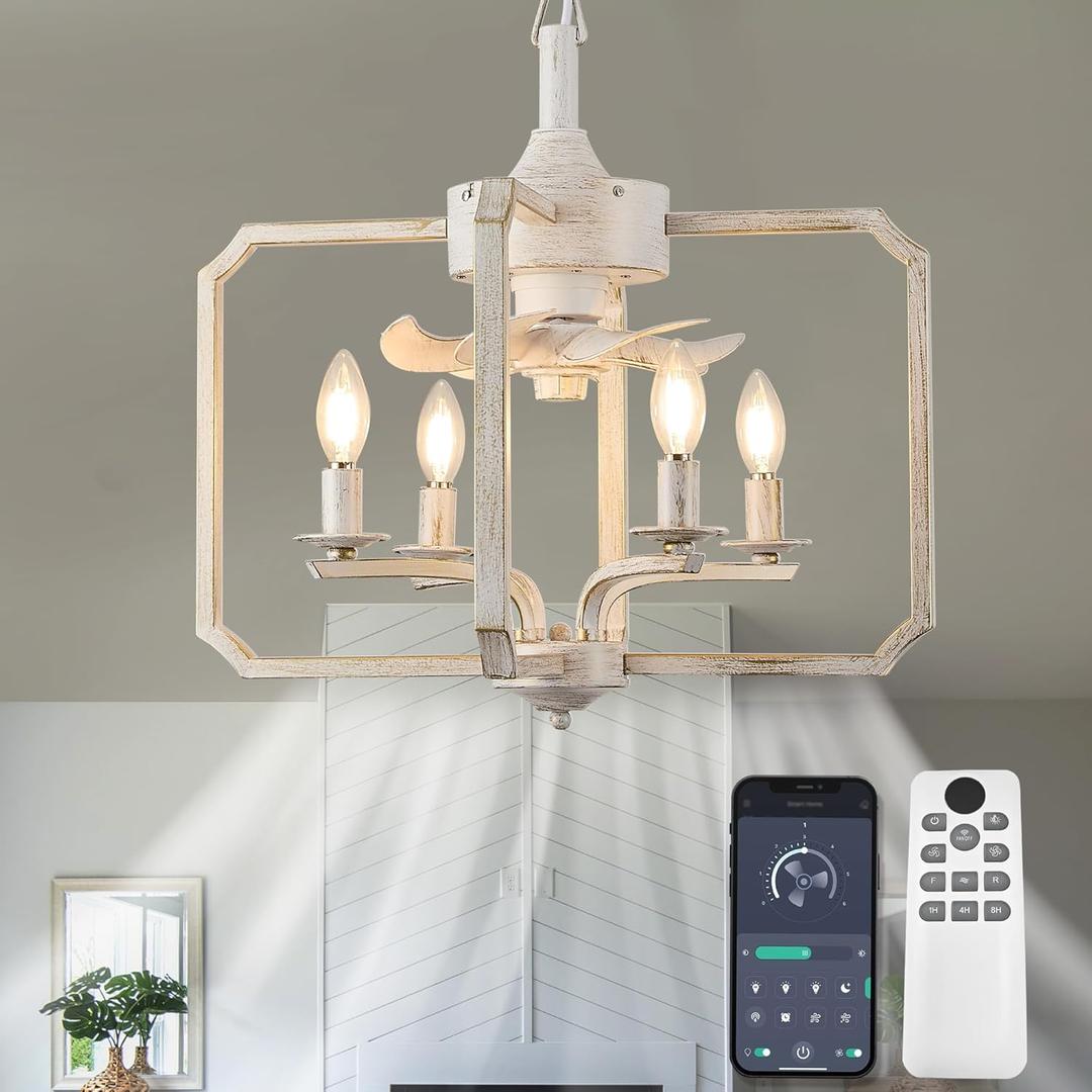 Chandelier Ceiling Fan, 20" Farmhouse Fandelier Ceiling Fans with Lights, Rustic Hanging Geometric Pendant Light Fixture for Bedroom, Dining Room, Kitchen Island, Foyer, Hallway-Rustic White