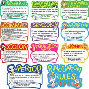 11 Pieces Punctuation Rules Poster Educational Punctuation Poster Punctuation Cutouts Bulletin Board Set with 100 Glue Point Dots for Student Classroom School, 16.5 x 11.5 Inches