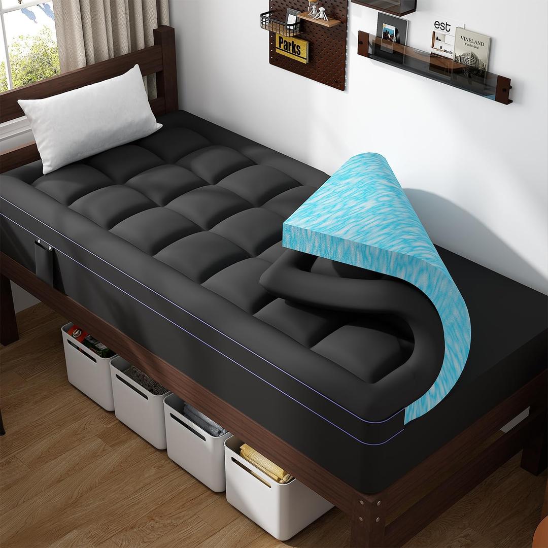 ABENE 3 Inch Dual Layer Memory Foam Mattress Topper Twin XL, 2 Inch Memory Foam Plus 1 Inch Down Alternative Pillowtop Mattress Pad, with Bedside Pocket, College Dorm Essential (Twin XL, Black)