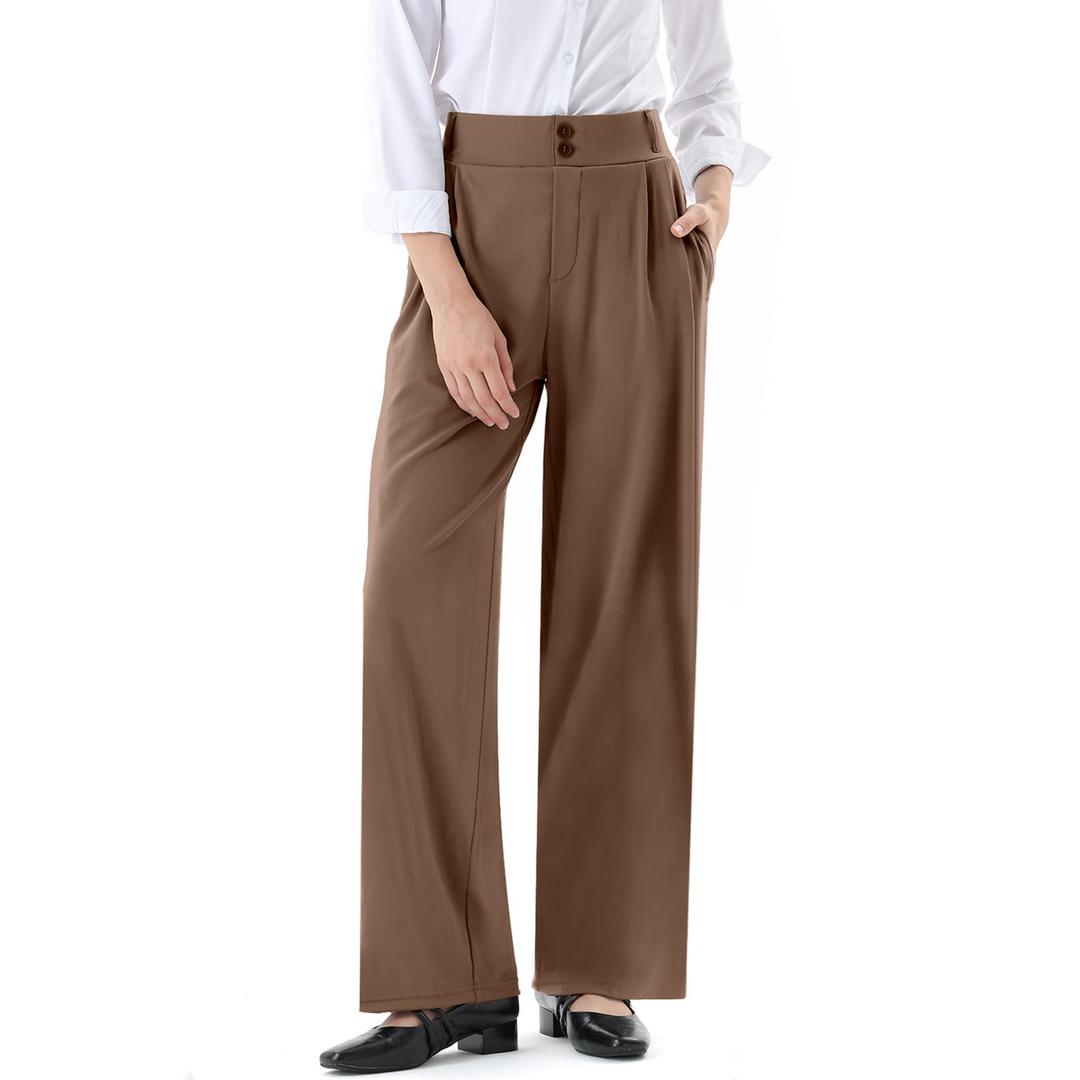 JOYCATCH Womens Wide Straight Leg Work Pants Casual Slacks Business Office Trousers Button Dress Pants Brown (S)