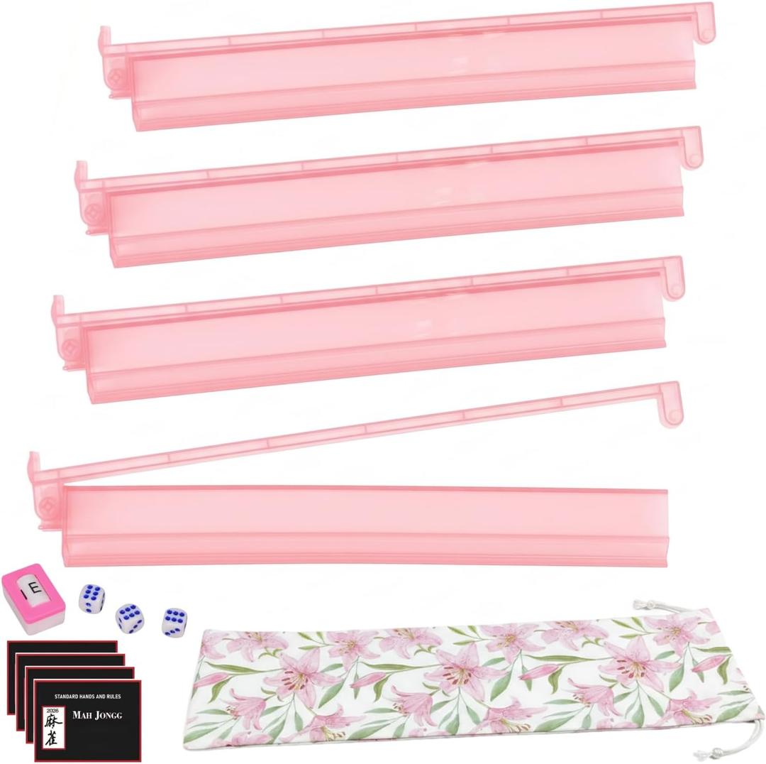 Pink Mahjong Racks with Pushers Set of 4, 18 inches Travel Acrylic Mahjong Tiles Racks with Bag, Mahjongs Cards, Dices, Wind Indicator, American Mahjongs Set Accessories, Gifts and Supplies, Large