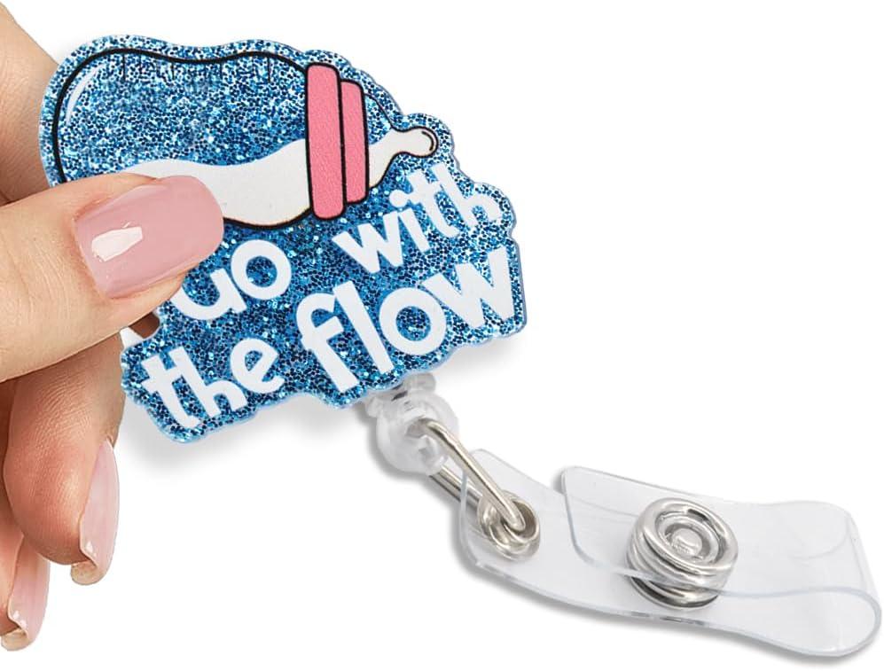 Go with The Flow Retractable Glitter Badge Reel with Clip, Funny Baby Bottle Badge Reel for NICU Labor Nurse Neonatal Nurse Doctor, Nurse Day Gift for Obstetric Pediatric, 2.2*2.7