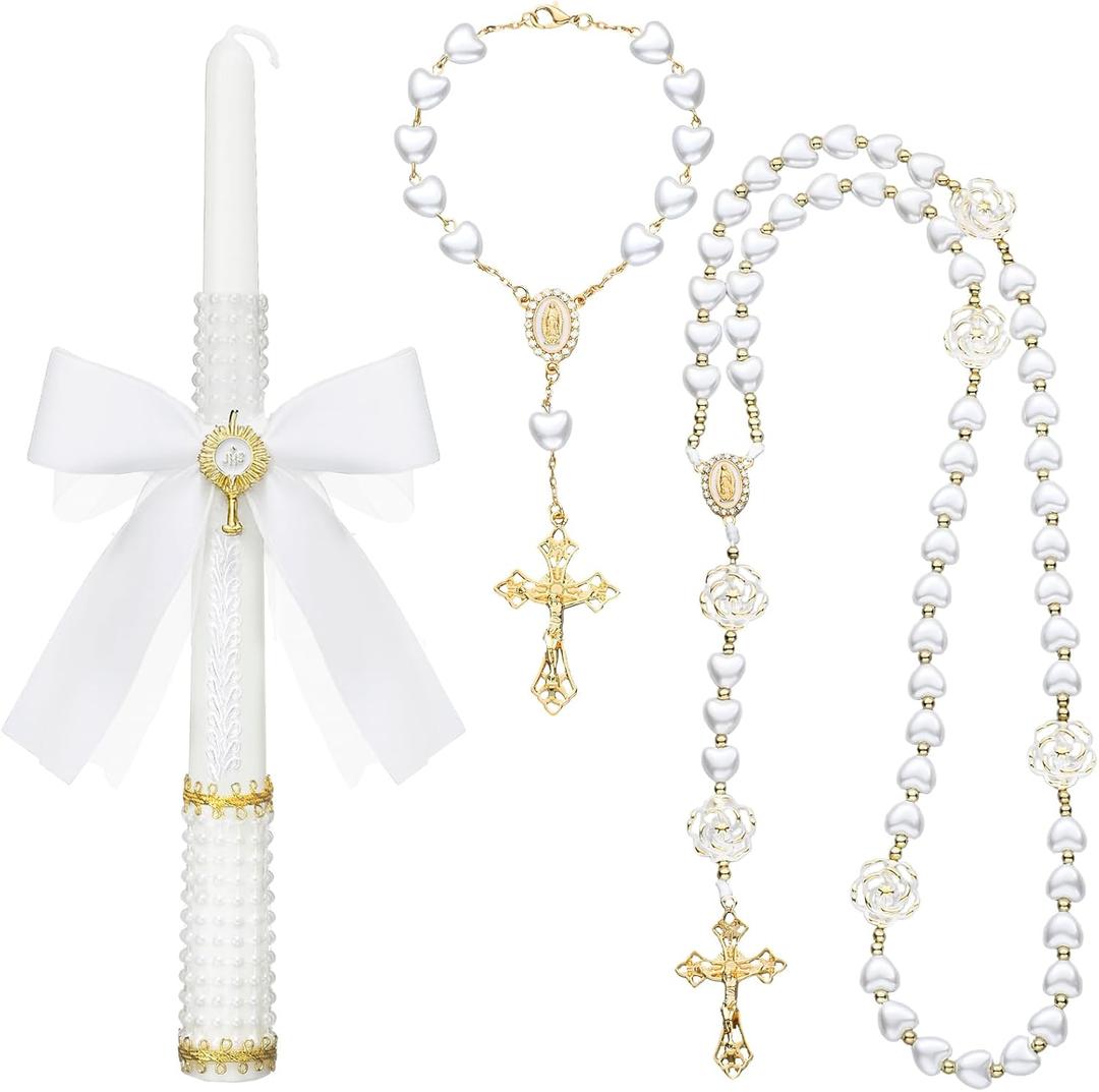WILLBOND 3 Pcs First Communion Rosary and Candle Set Confirmation Candle Gifts Set Baptism Catholic Bracelets Cross Necklace Holy Communion Accessories for Christening Gift Keepsake(Pearl Heart)
