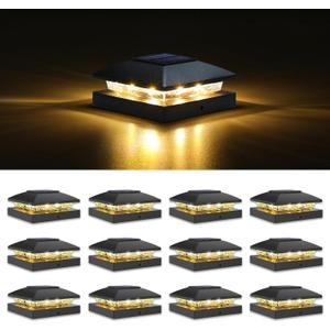VOLISUN 4x4 Solar Post Cap Light 12pack,Solar Fence - Cap Lights Outdoor Waterproof for Wooden/Vinyl Post,Black Deck Post Cap Light Solar Powered with Warm White for Garden/Patio/Porch