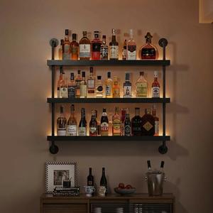 3-Tier Wall Mounted Wine Rack with LED & Black Shelves,47.21"