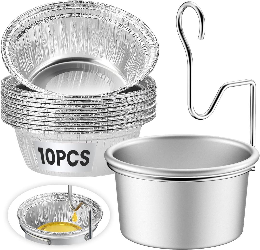 Premium Grill Grease Trap Kit - Includes 10 Liners & Heavy-Duty Clips - Universal Fit for Weber, Char-Broil, Kenmore Grills - Rust-Proof, Easy-Clean Design for Mess-Free BBQ Silver