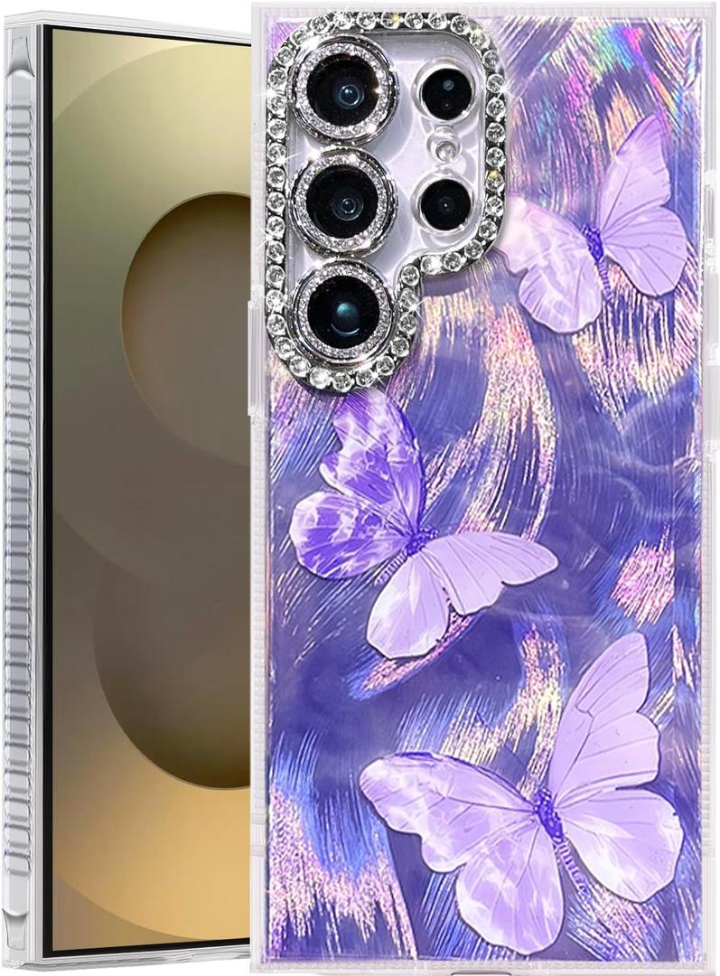Compatible with Samsung Galaxy S25 Ultra Case,with [Shockproof Protective][Camera Protection] Cute Butterfly Aesthetic Phone Cover Anti-Yellowing Soft Slim Cover for Women Girl-Purple (S25 Ultar 6.8")