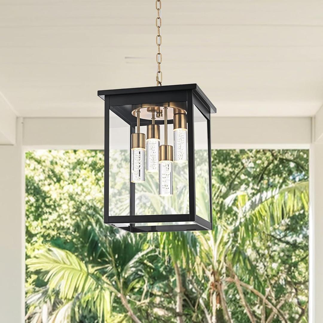 5CCT LED Outdoor Pendant Light, Clear Glass 4-Light Black Brass, IP44 Waterproof, Lantern Hanging Lamp for Outdoor Hallway, Garden, Patio