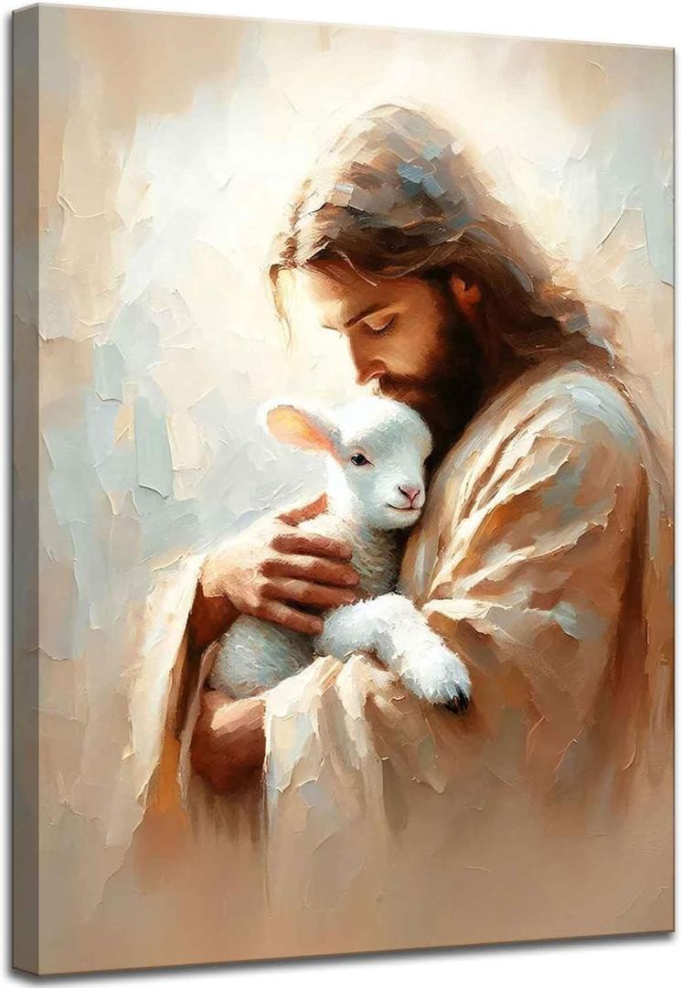 Jesus and Lamb Canvas Wall Art Jesus Saves the lost lamb Wall Decor Pictures Christian Lamb of God Painting Posters Prints for Dining Living Room Kitchen Wall Bedroom Decoration (16L" x 12W")
