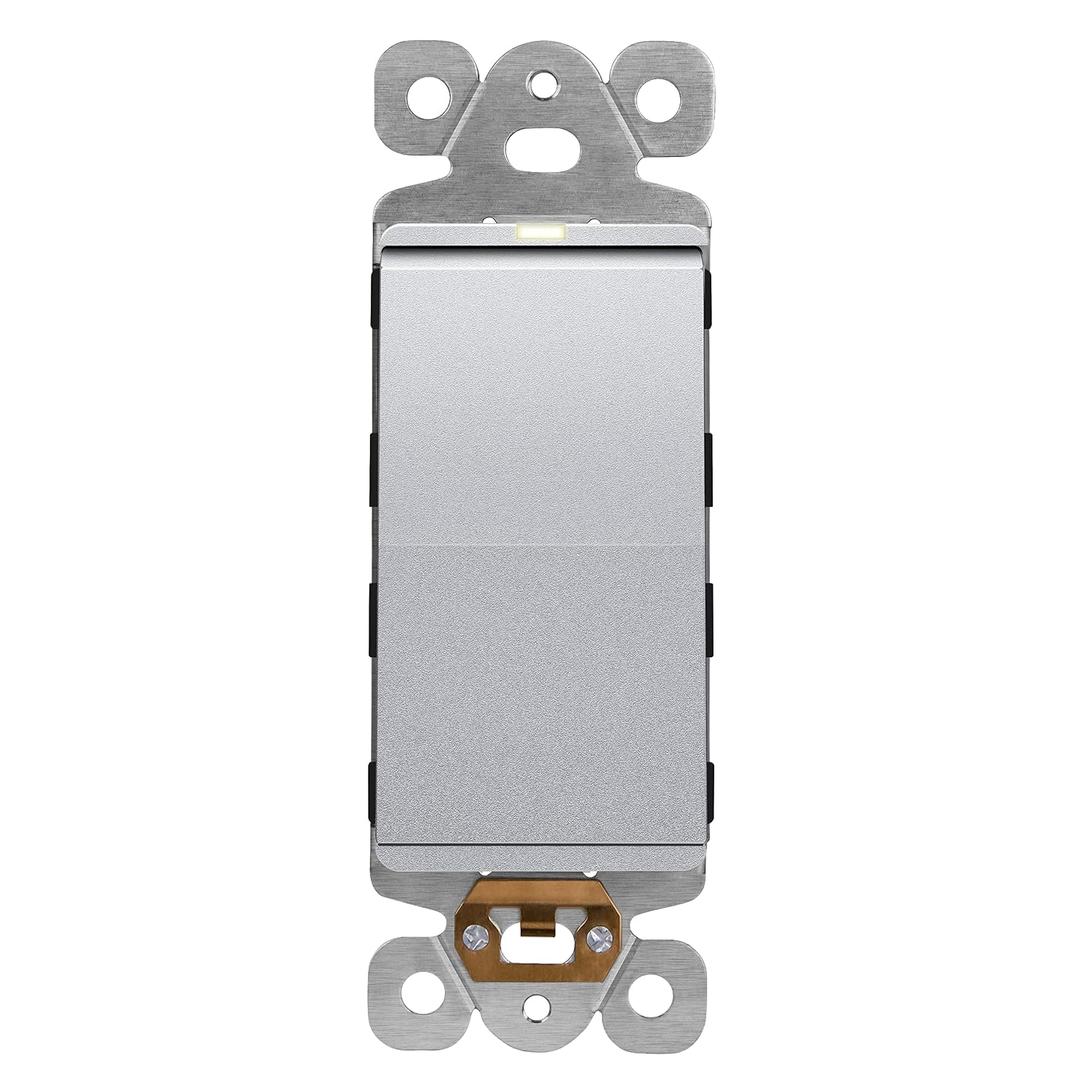 LIDER Minimalist Design Lighted Decorator Switch, Frameless Paddle Light Switch with Locator Light, Grounding Screw, 3-Way or Single Pole, 15A 120V, UL Listed, Thermoplastic, Matte Silver, 1-Pack
