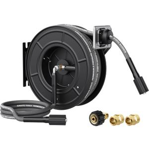 Giraffe Tools Pressure Washer Hose Reel 60ft, Power Washer Hose Reel, Pressure Washer Retractable Hose Reel, Heavy Duty, Wall/Floor Mounted, 4000 PSI, Dark Silver
