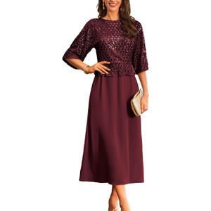 GRACE KARIN Mother of Bride Dresses 2025, 3/4 Sleeve Sequin Dress Maxi, Elegant Wedding Guest Dress Formal Cocktail (Small, Burgundy)