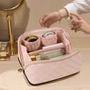 Prite Makeup Bag for Women Travel Waterproof Vegan Leather Cosmetic Bag Open Flat Toiletry Bag With Clear Divider and Handle (Plaid Pink, Medium)