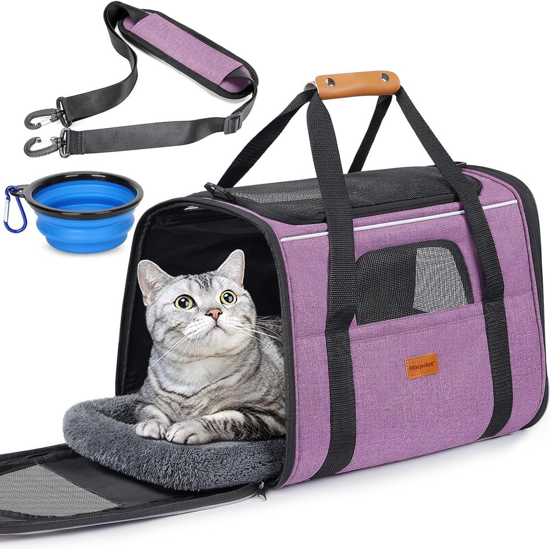 Morpilot Pet Travel Carrier Bag, Soft-Sided Dog Carrier Cat Carrier Pet Carrier, for Large Cats and Medium Puppies up to 25lbs, with Locking Safety Zippers, Foldable Bowl (Purple), Size: 18.0"L x 12.5"W x 14.0"H