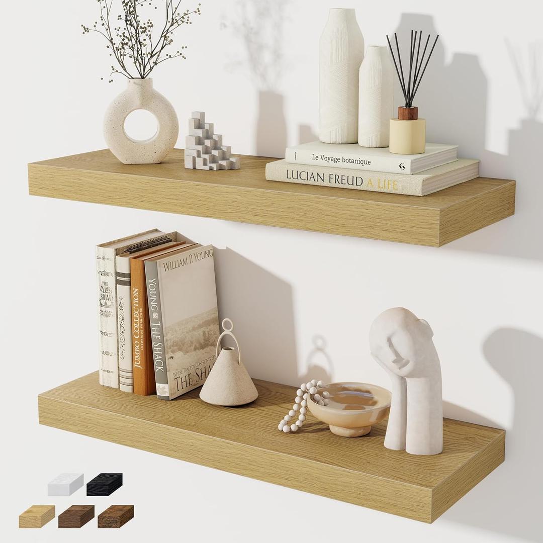 Floating Shelves for Wall, 24 Inch Floating Shelves Set of 2, Wall Mounted Rustic Wood Shelf for Bathroom, Living Room, Bedroom and Kitchen, Hanging Shelf for Storage, Books, Home Decor, Oak