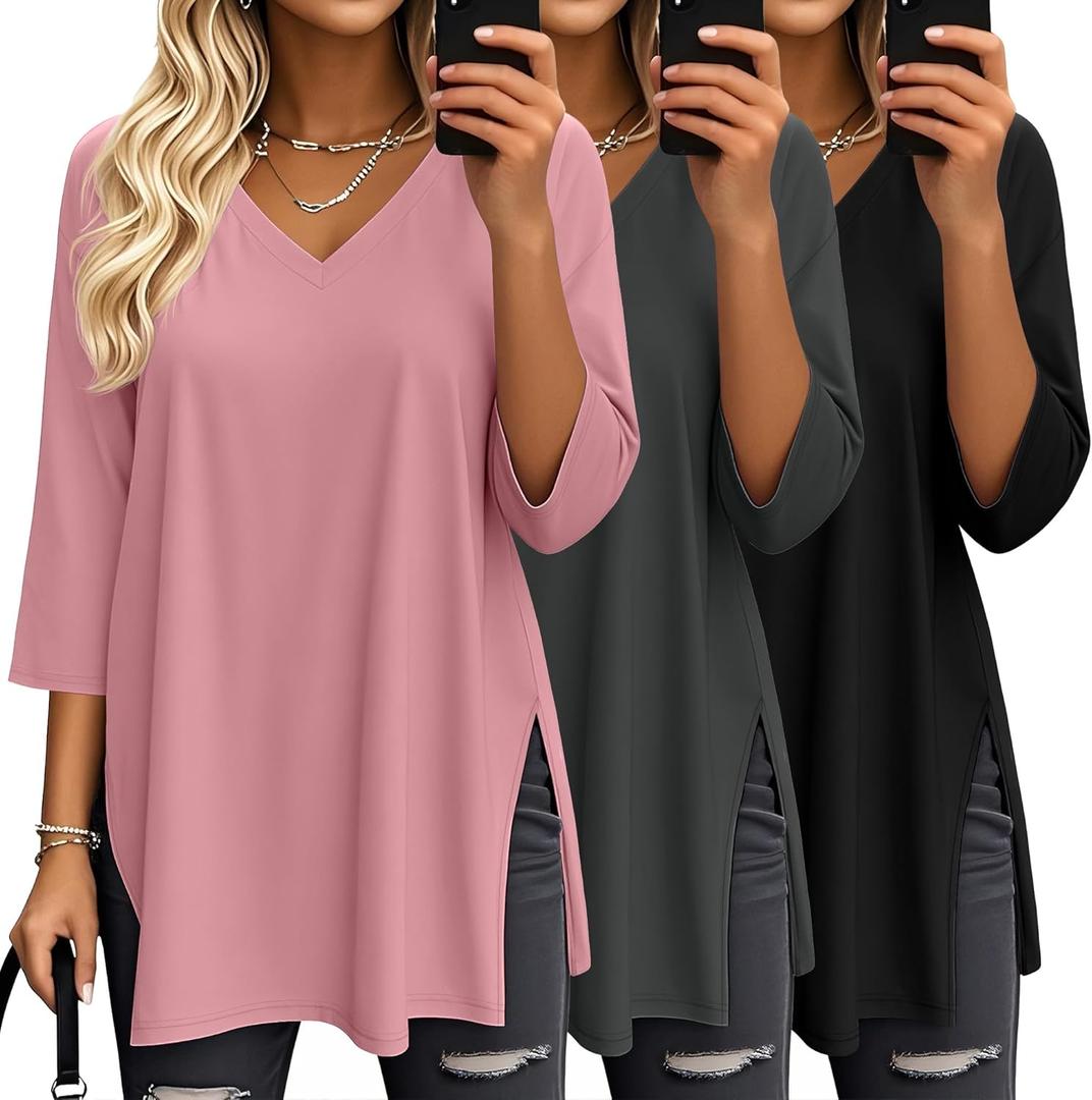 3 Pack Women's 3/4 Sleeve Oversized T-Shirts V Neck Comfy Casual Tunic Tops Knit Side Basic Split Loose Fit Tees (L)
