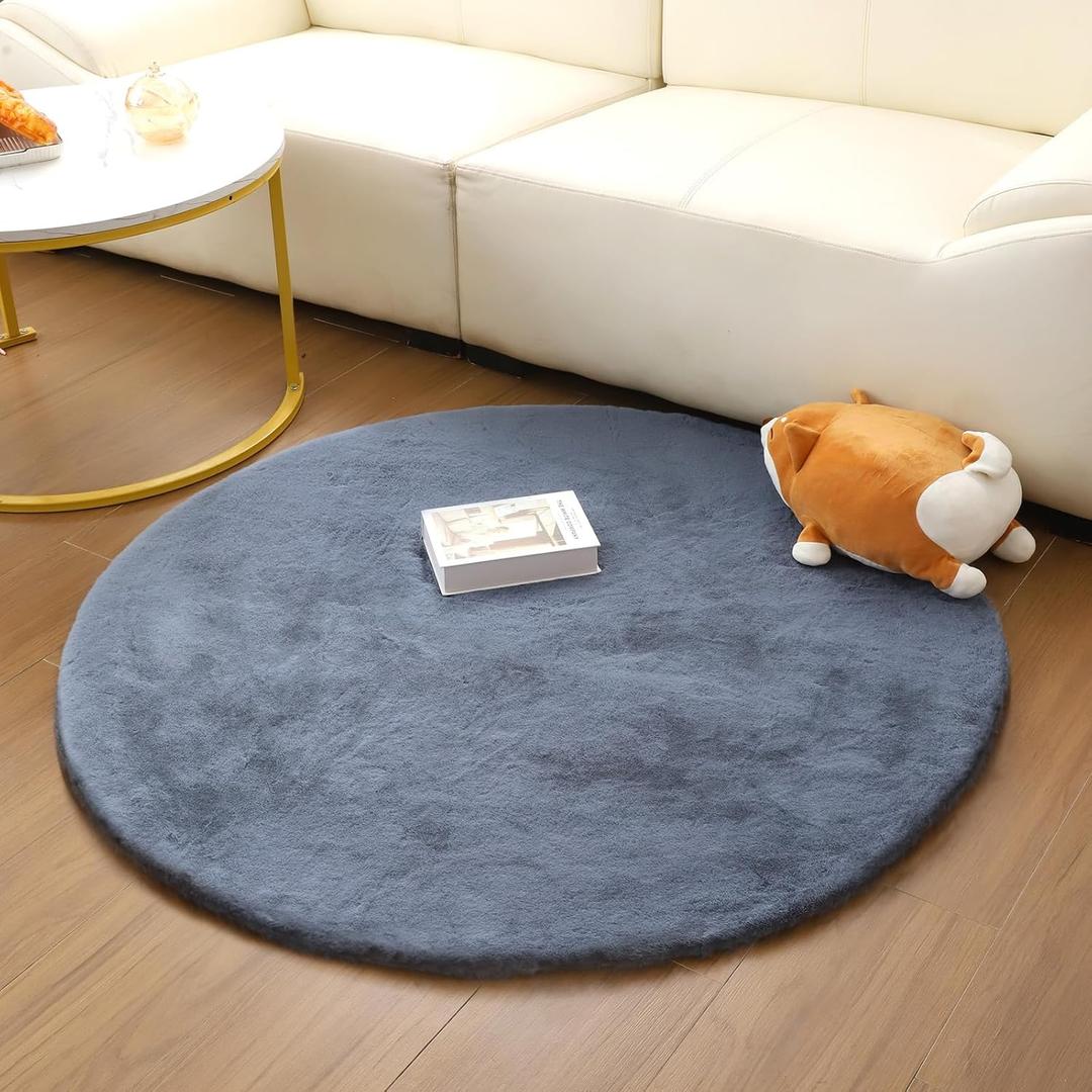 Faux Fur Round Rug 2ft, Soft Fluffy Rabbit Fur Carpet, No-Shedding Non-Slip Area Rug, Machine Washable Mat for Bedroom, Living Room, Kids Room, Pet Bed or Home Decor Grey