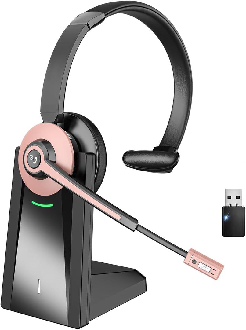 Wireless Headset with Mic for Work, Wireless Headset with Microphone (Noise Cancelling & Mute Button, USB Dongle & Charging Base), Bluetooth Headphones for Home/Office/Computer/Laptop/Phone/Teams/Zoom