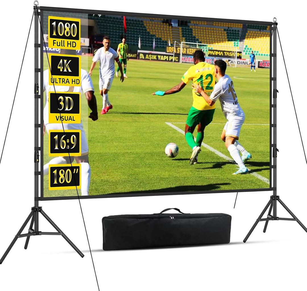 Outdoor Projector Screen with Stand, 180 inch Indoor Movie Screen 16:9 4K Rear Front Portable Projection Screen, Quick Setup Foldable Travel Home Theater Screen with Carry Bag for Backyard Camping