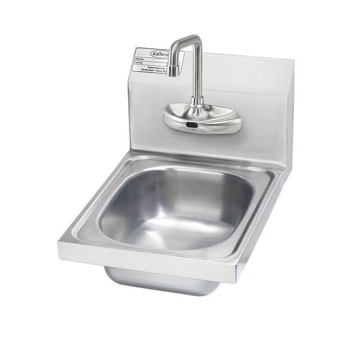FSE HS-64 Wall Mount Hand Sink, 9"W x 11"D x 5" Bowl with 4" OC Electronic Faucet and 4-1/2" Double Bend Spout, Includes Control Module, Mixing Valve, and Supply Hose, Stainless Steel Utility Basin