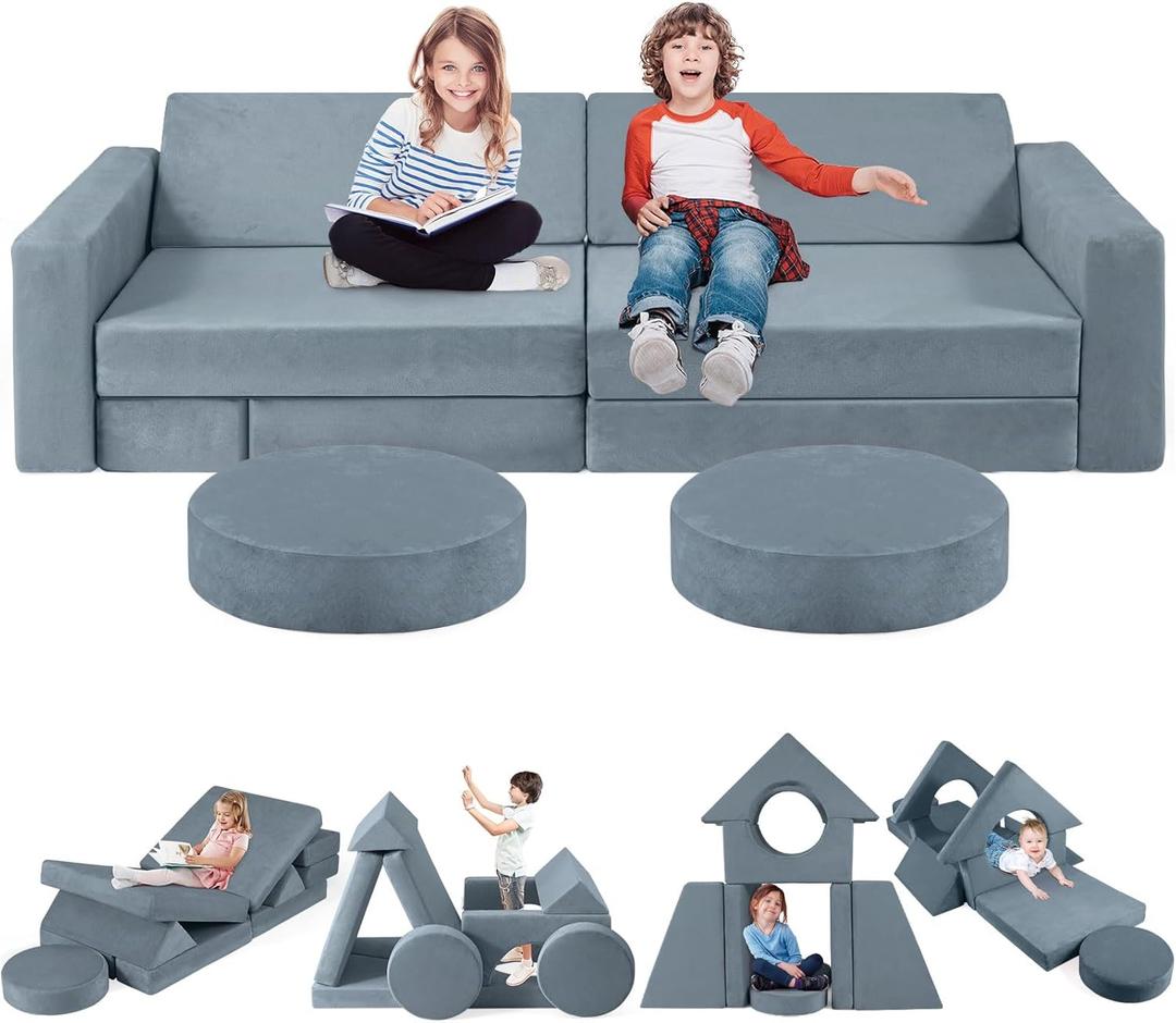 2025 New Modular Kids Play Couch, 12pcs Toddler Sofa Couch Building Fort, Versatile 300+DIY Creativing Playroom Bedroom Furniture for Toddlers. Convertible Kids Sofa and Cushion for Boys and Girls (Grey)