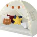 Twin Bed Tent for Kids - Twin Bed Canopy for Girls, Portable Privacy Tent for Toddler Travel Bed Sleeping Tents Indoor Cottage Drafty Room Floor Bed Tents with Stars Lights & Flags, Beige