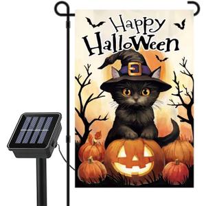 Solar LED Lights Happy Halloween Pumpkin Black Cat Garden Flag Double Side 12"x18" Flag16LED Warm White lights and 8modes Solar Panel for Garden, Patio, Yard, Lawn Halloween Decorations home Decor (cat)