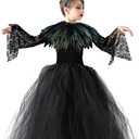 L'VOW Girls Dress Princess Lace Tutu Tulle Dresses for Halloween with Demon Horns Feather Cape Costume Set (110(4-5 Years))