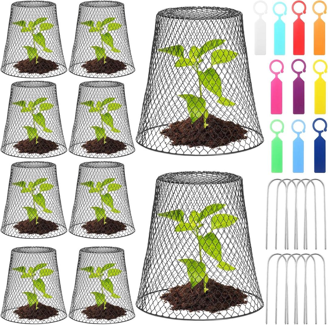 Geosar 10 Pcs 9 inch Chicken Wire Cloche Plant Protector Cover Metal Garden Cloche Dome for Plants Chicken Wire Protection Basket with Garden Stakes for Avoiding Rabbit Bird Small Animals Eat (Black)