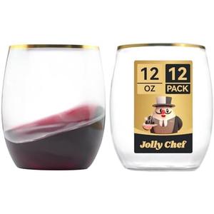 JOLLY CHEF 12 Pack 12oz Gold Plastic Wine Glasses Stemless, Gold Disposable Wine Cups, Premium Quality, Recyclable, Unbreakable, Crystal and BPA-Free for Party