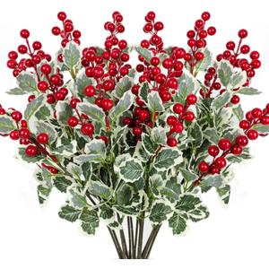 10 Pcs Christmas Flowers Artificial Red Berry Picks Decor, Holly Berries Stems, Christmas Tree Decoration, Winter Bouquet Silk Floral Arrangements Home Outdoor Indoor Ornaments