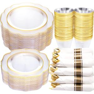 NOCCUR 50Guest Gold Rim Clear Plastic Plates&Disposable Silverware Cups-Include 100Plastic Plates, 150Gold Utensils, 50Cups and 50Napkins-Idea for Wedding/Party