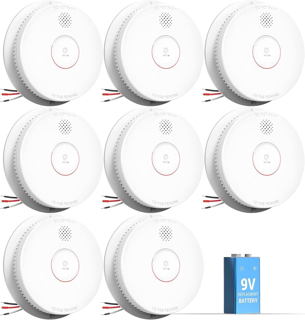 SITERWELL Smoke Detector, Hardwired Interconnected Smoke Detector, Photoelectric Smoke Alarm with 9V Backup Battery, Fire Alarm with Test/Silence Button, UL217-10th Listed, GS562A, Pack of 8 (White)