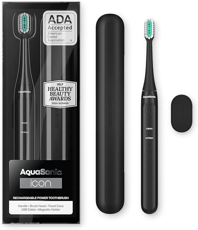 Aquasonic Icon ADAAccepted Rechargeable Toothbrush | Magnetic Holder & Slim Travel Case | 2 Brushing Modes & Smart Timers | Gentle MicroVibrations(Onyx)