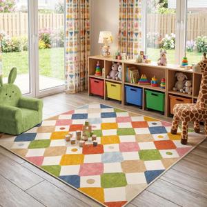 jinchan Macy Area Rug for Kids Room 5'x5' Square Rug Modern Colorful Nursery Rug Checkered Diamond Play Mat Washable Soft Non Slip Carpet for Playroom Bedroom Dorm Daycare Circus on Cream