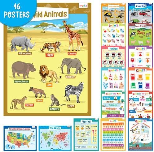 Merka Teacher Supplies Poster Board Classroom Décor Educational Posters For Toddlers Preschool Posters Set Of 16 USA World Maps Letters Shapes Numbers Animals