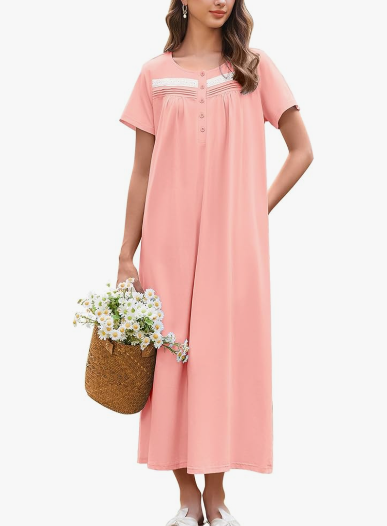 Ekouaer Nightgown for Women Cotton Long Night Gown Short Sleeve Nightdress with Pockets Button Sleepshirt Soft Sleepwear, L
