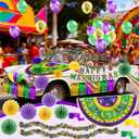 HOWAF 42pcs Mardi Gras Float Parade Car Decorations Kit, Purple Green Gold Mardi Gras Party Bicycle Decoration Bulk- Fan Flags Balloons Foil Curtain Tinsel Garlands Paper Fans Poms Feather