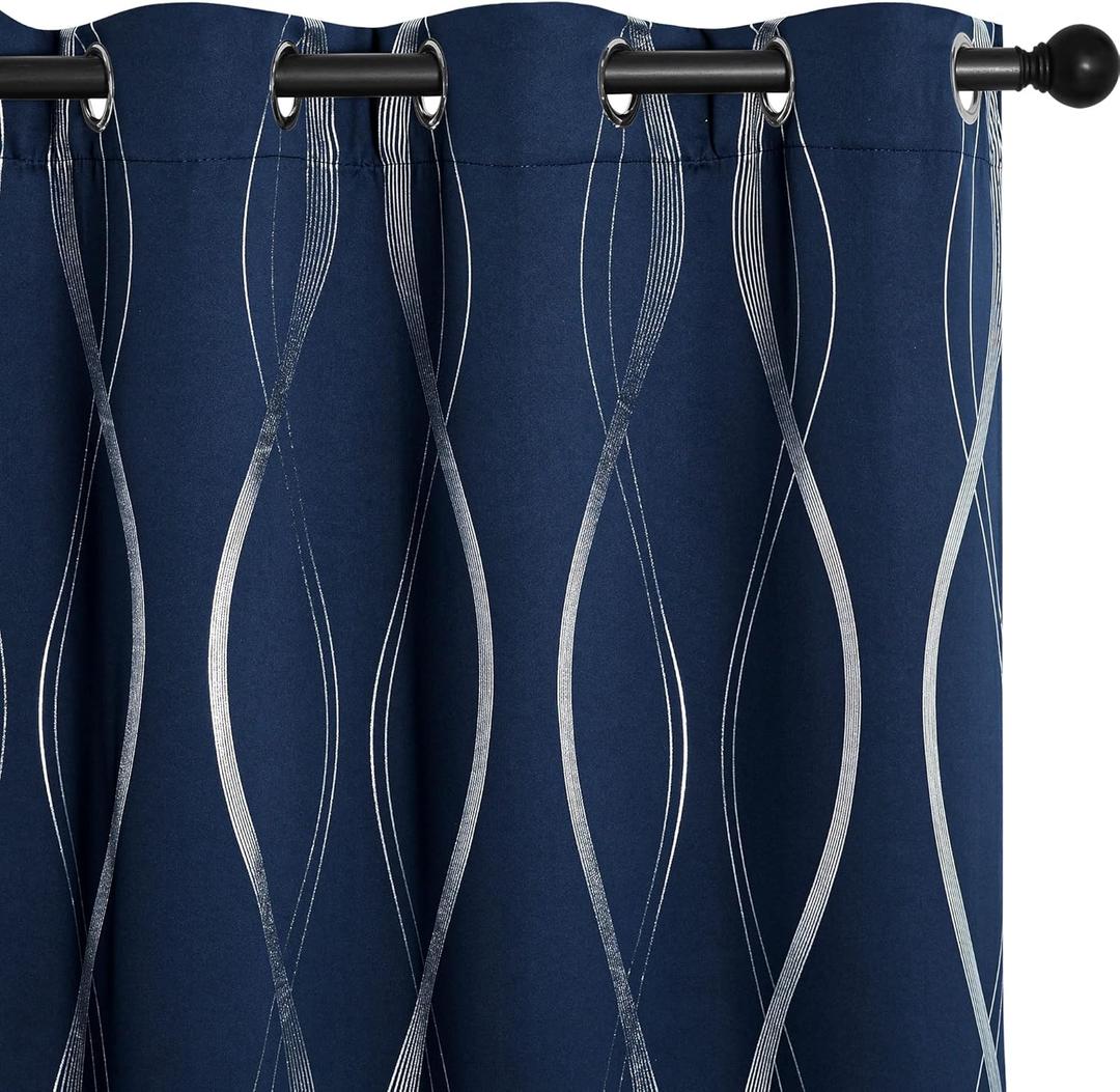 NICETOWN Navy Blue Blackout Curtains Panels for Bedroom, Microfiber Noise Reducing Thermal Insulated Wave Line Foil Print Design Blackout Curtains for Office, Classroom (2 Panels, 52 x 45 Inch)