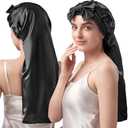 YFONG Double-Layered 100% Pure Mulberry Silk Bonnet for Long Hair, 22 Momme Silk Hair Bonnet for Sleeping with Elastic Tie Band, Real Silk Sleep Cap for Women Long Curly Hair, Black