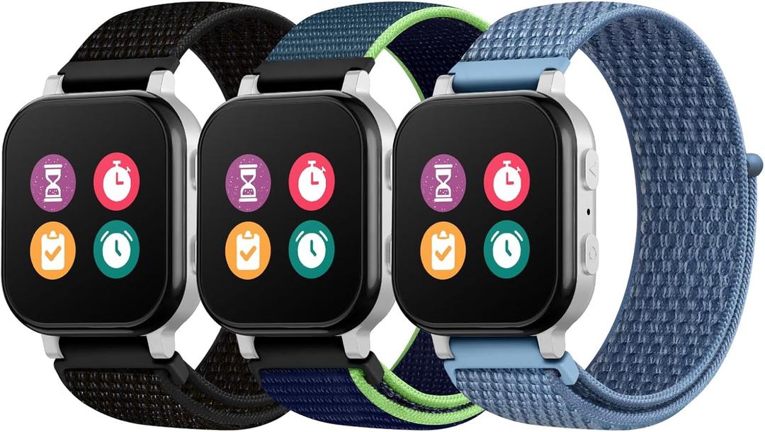 3 Pack Kids Nylon Bands Compatible with Gizmo Watch 3 2 1/Gabb Watch 3e 3 2 1/Sync UP Watch/Cosmo Jr Track Watch, 20mm Hook & Loop Soft Breathable Velcro Watch Band for Boys & Girls (Regular Size, Black/Blue/Deep Blue)