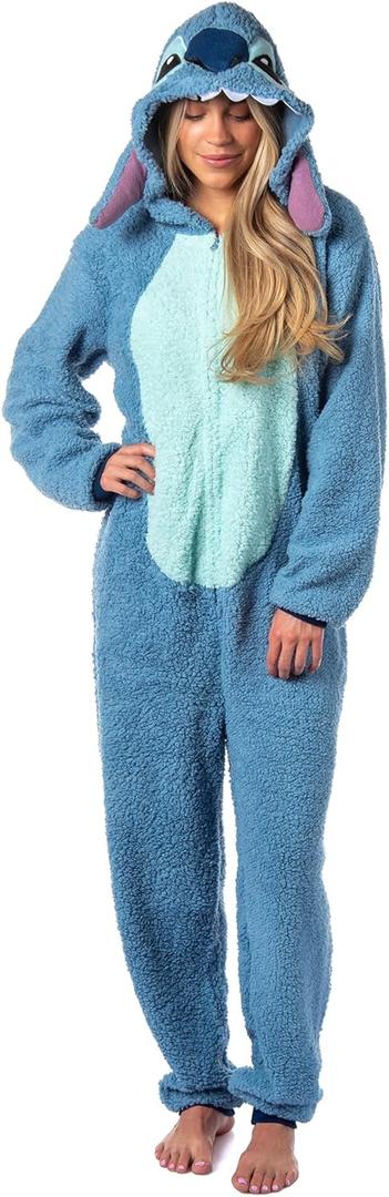 Disney Lilo And Stitch Adult Unisex Stitch Costume Sherpa Fleece One Piece Pajama Union Suit (Blue)