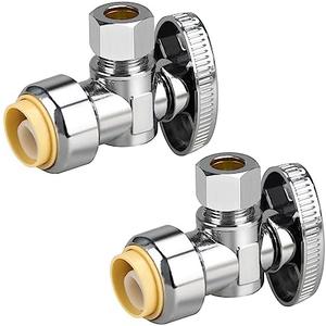 2pcs Stop Valves, 1/2" × 3/8" Angle Stop Valve, 1/2" PTC Input, 3/8" OD Compression Output, Push to Connect, 1/4 Turn, Chrome Plated Brass for Faucet, Toilet Valves, No Lead