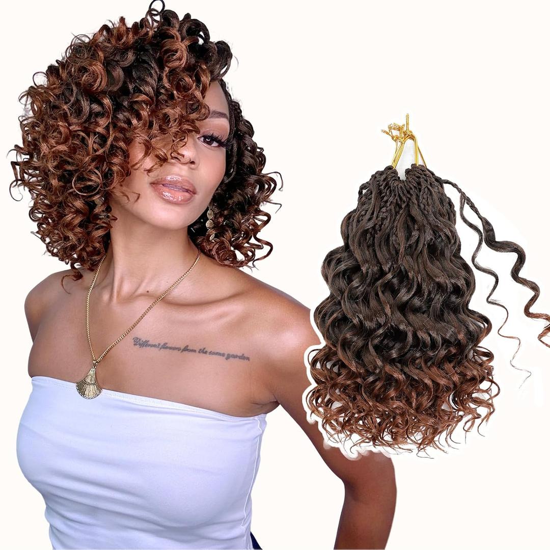 Prelooped GoGo Curl Crochet Hair 10 Inch 8 packs Short Curly Crochet Hair for Women Pretwisted Box Braids with Curly Ends Water Wave Beach Curls Synthetic Boho Hair Extensions Ombre Brown 1B/30