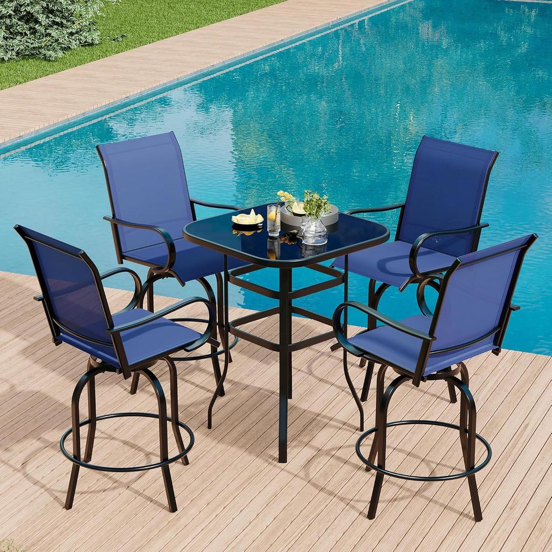 5 Piece Outdoor High Top Bar Set, 5 Pieces Outdoor Swivel Bar Set with 4 Swivel Chairs and Glass Top Table, All Weather Textile Fabric Outdoor Bar Height Chairs and Table Set of 5 for Deck