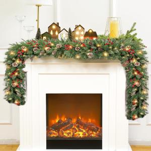 Aokia 9FT Christmas Garland With 50 LED Lights, Pre-Lit Decorated Pine Garland With Cones, Red Berries and Ball Ornaments for Indoor Home Winter Holiday New Year Xmas Decorations