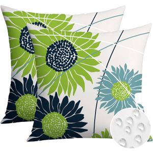 Artscope Sunflower Outdoor Throw Pillow Covers 20x20 Inch Set of 2 Double-Sided Printing Waterproof Spring Summer Outdoor Pillowcases for Couch Patio Funiture Garden Porch Decor-Green Dark Blue