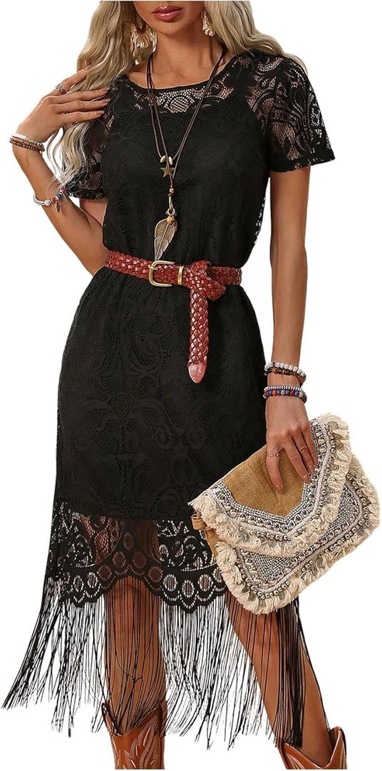 WDIRARA Women's Western Concert 2 Piece Outfits Short Sleeve Sheer Fringe Dress and Cami Dress Set (Large, Black)