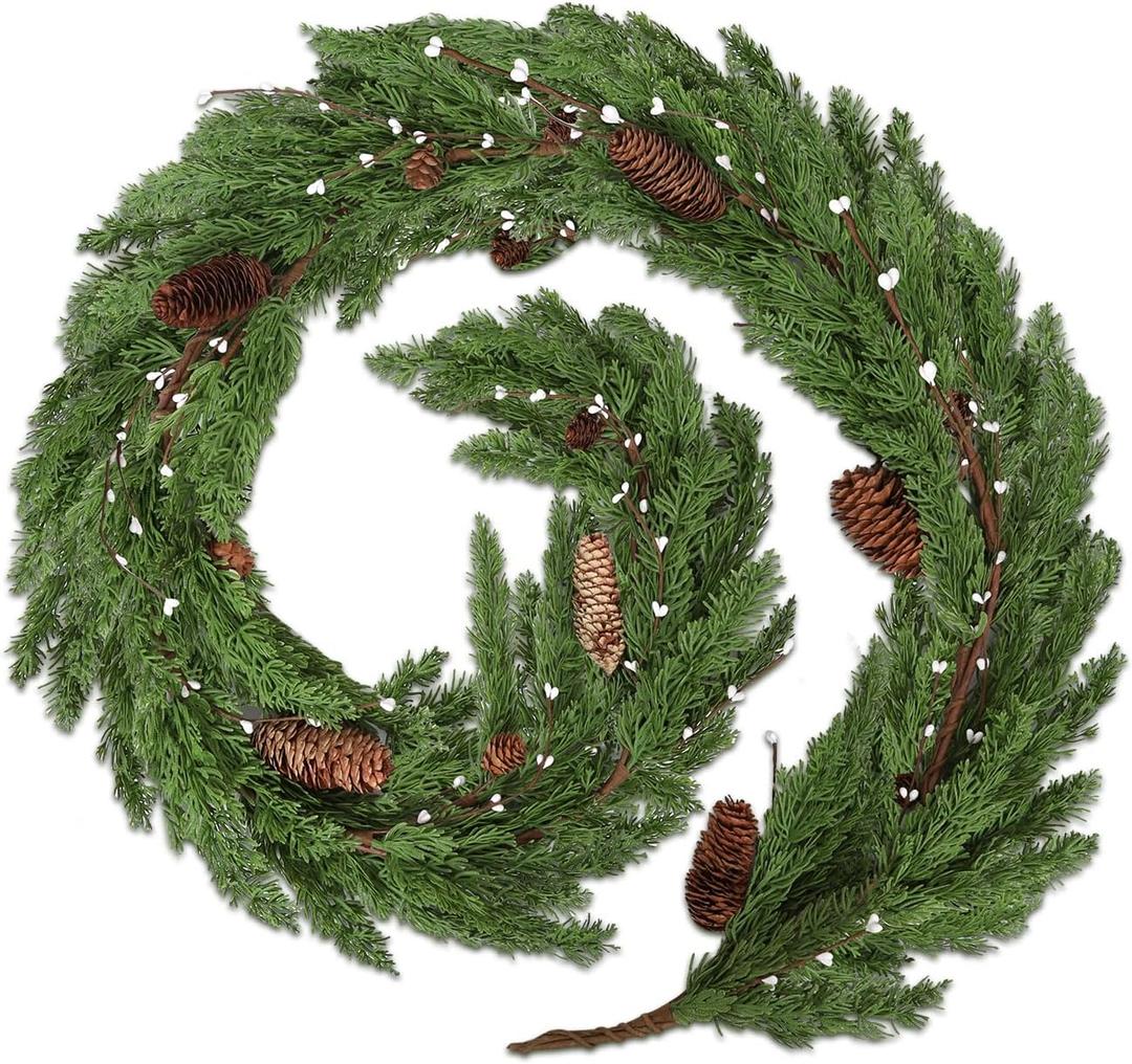 6FT Christmas Norfolk Pine Garland with Pine Cones Artificial Realistic Faux Real Touch Greenery Cedar Garland for Mantle Stairs Fireplace Cabinet Porch Table Wall Decor Outdoor Indoor