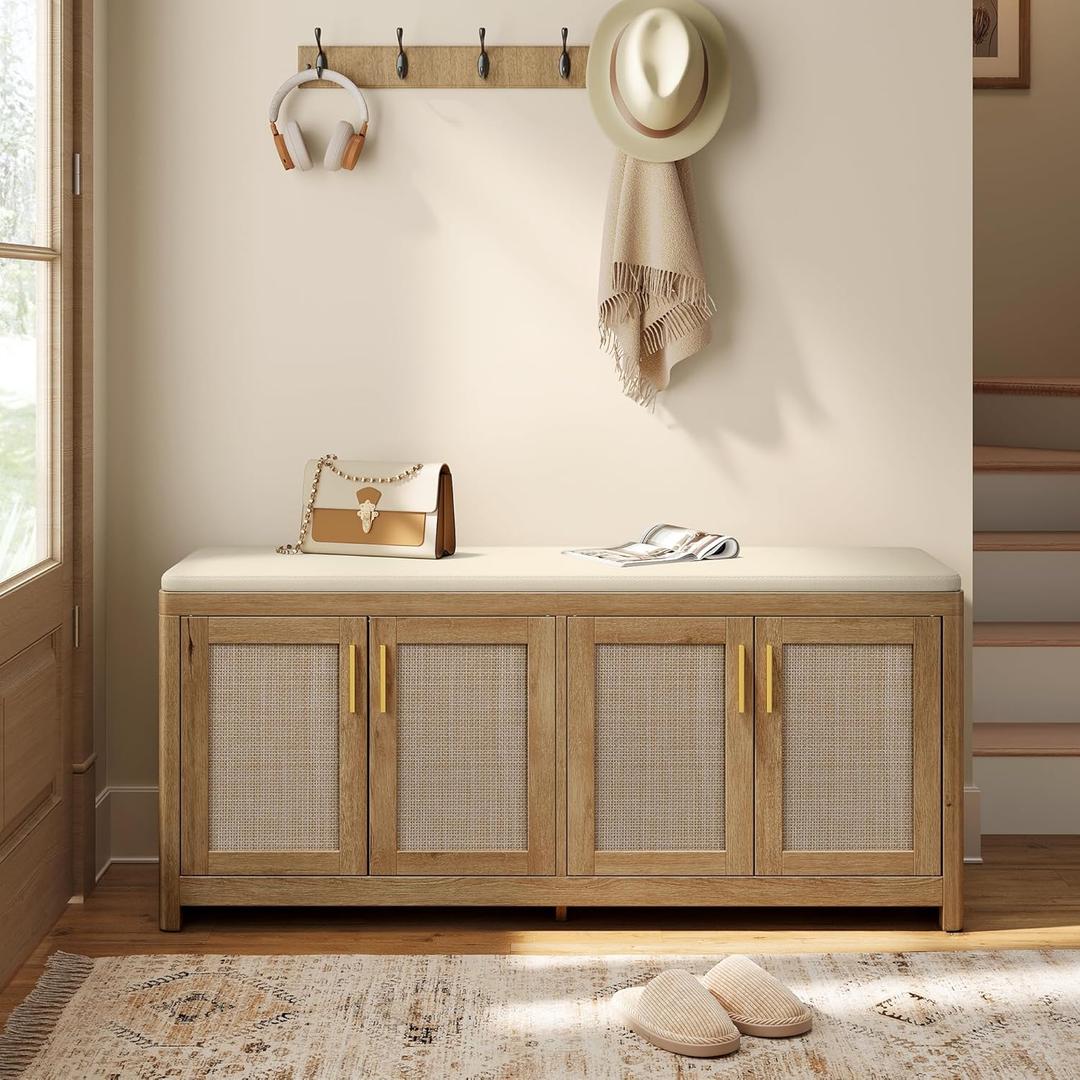 VASAGLE ELLAN Collection - Boho Shoe Bench with Cushion, Entryway Storage Bench with 4 Rattan-Look Cabinet Doors, Rounded Corners, Adjustable Shelf, for Bedroom Under Window, Natural Brown ULSB502KC01, 13.8"D x 47.2"W x 20.9"H